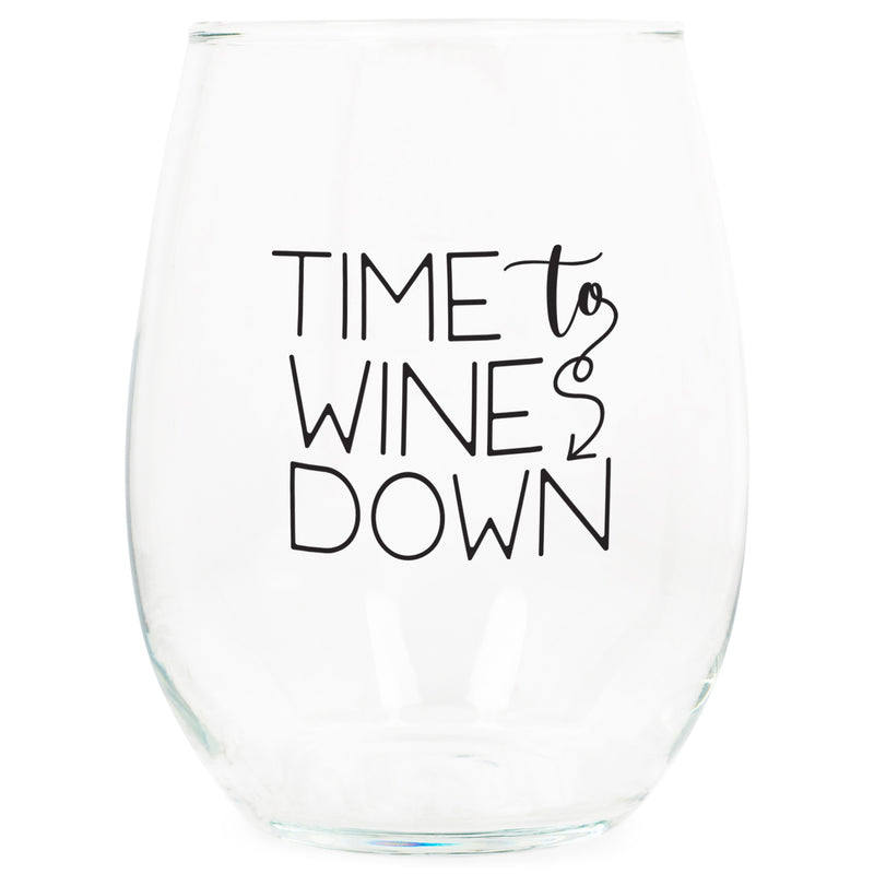 Front view of "Time to Wines Down" Black Stemless Wine Glass