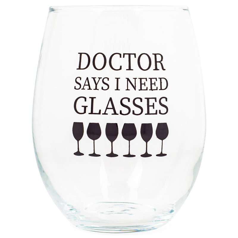 Front view of "Doctor Says I Need Glasses" Black Stemless Wine Glass