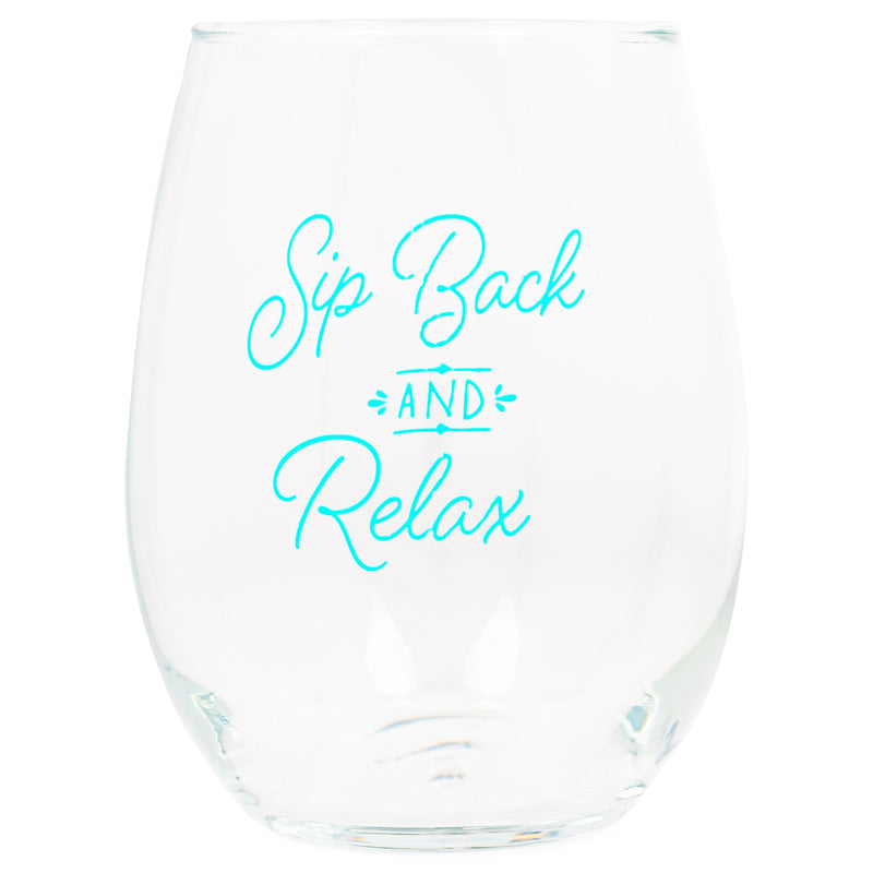 Front view of "Sip Back and Relax" Teal Stemless Wine Glass