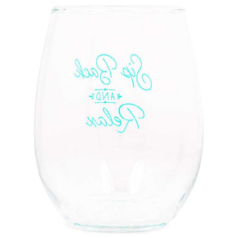 Sip Back and Relax Teal 14 ounce Glass Stemless Wine Glass