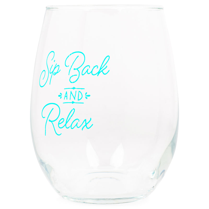 Sip Back and Relax Teal 14 ounce Glass Stemless Wine Glass