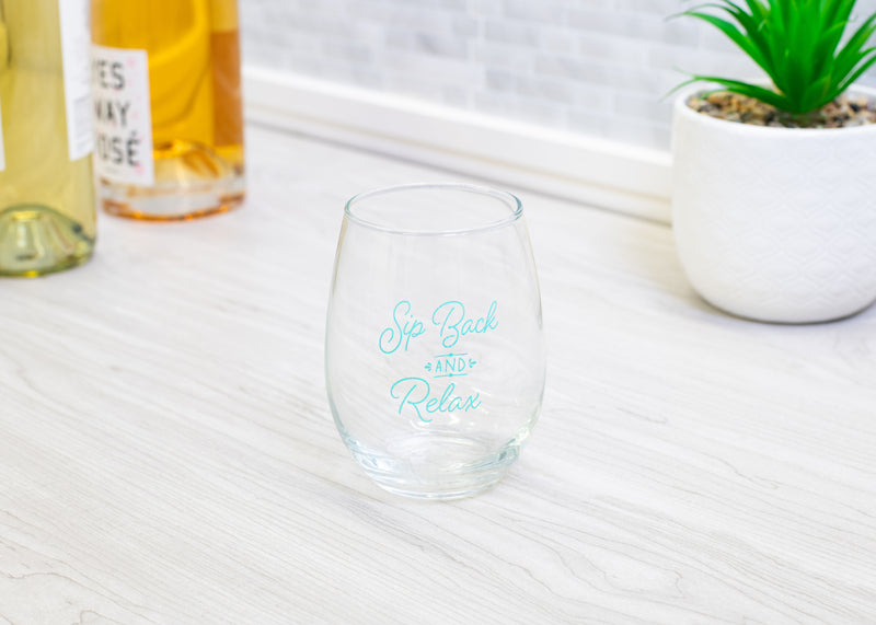 Sip Back and Relax Teal 14 ounce Glass Stemless Wine Glass