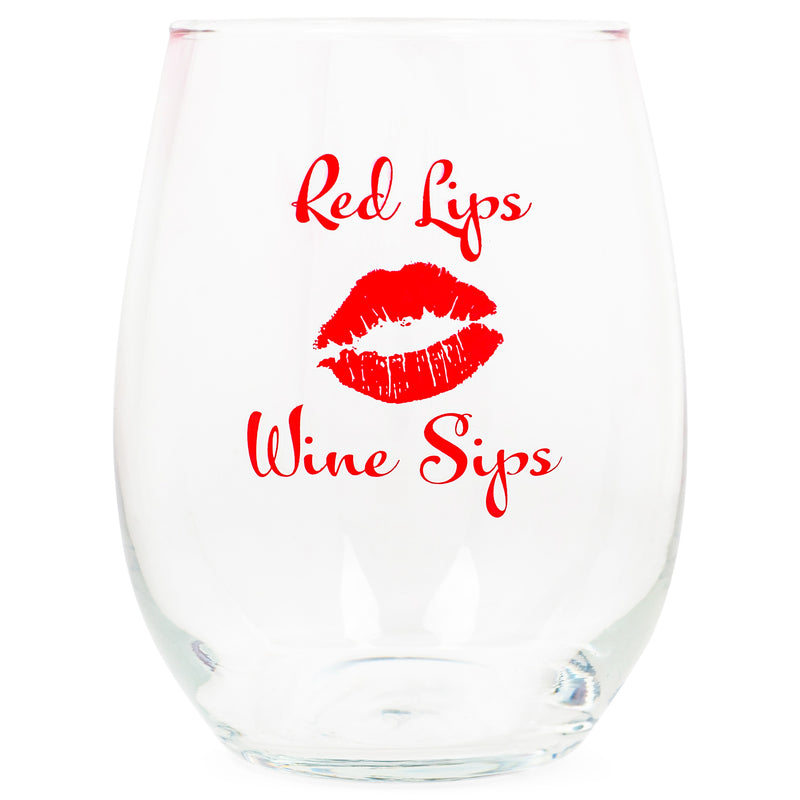 Front view of "Red Lips Wine Sips" Stemless Wine Glass