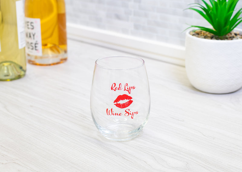 Red Lips Wine Sips 14 ounce Glass Stemless Wine Glass