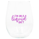 Front view of "On A Liquid Diet" Purple Animal Print Stemless Wine Glass