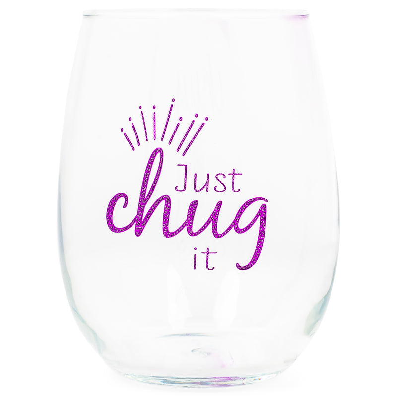 Front view of "Just Chug It" Purple Animal Print Stemless Wine Glass