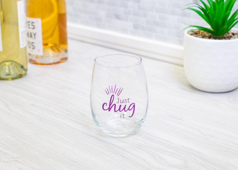 Just Chug It Purple Animal Print 14 ounce Glass Stemless Wine Glass