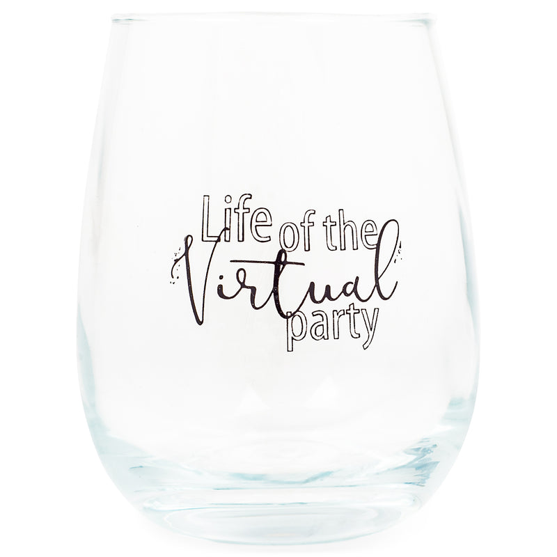 Front view of "Life of the Virtual Party" Black Stemless Wine Glass