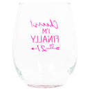 Cheers! Finally 21 Pink 14 ounce Glass Stemless Wine Glass
