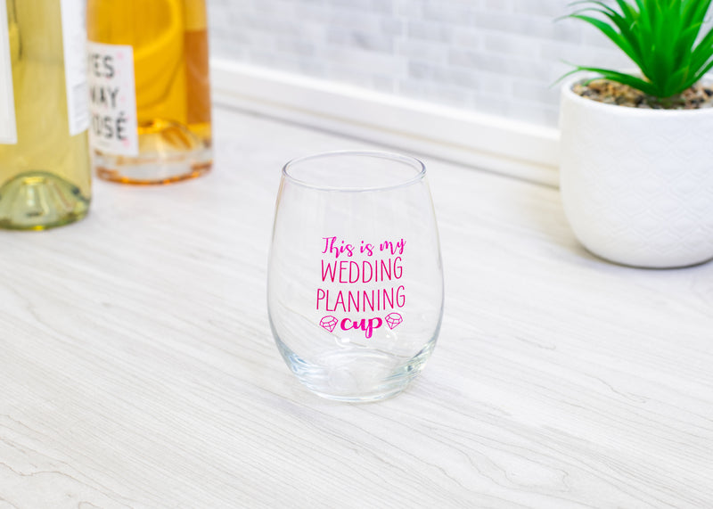 My Wedding Planning Cup Pink 14 ounce Glass Stemless Wine Glass