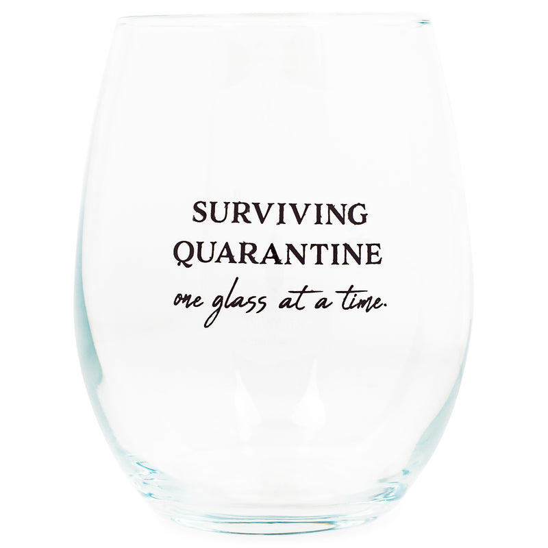 Front view of "Surviving Quarantine One Glass At A Time" Black Stemless Wine Glass
