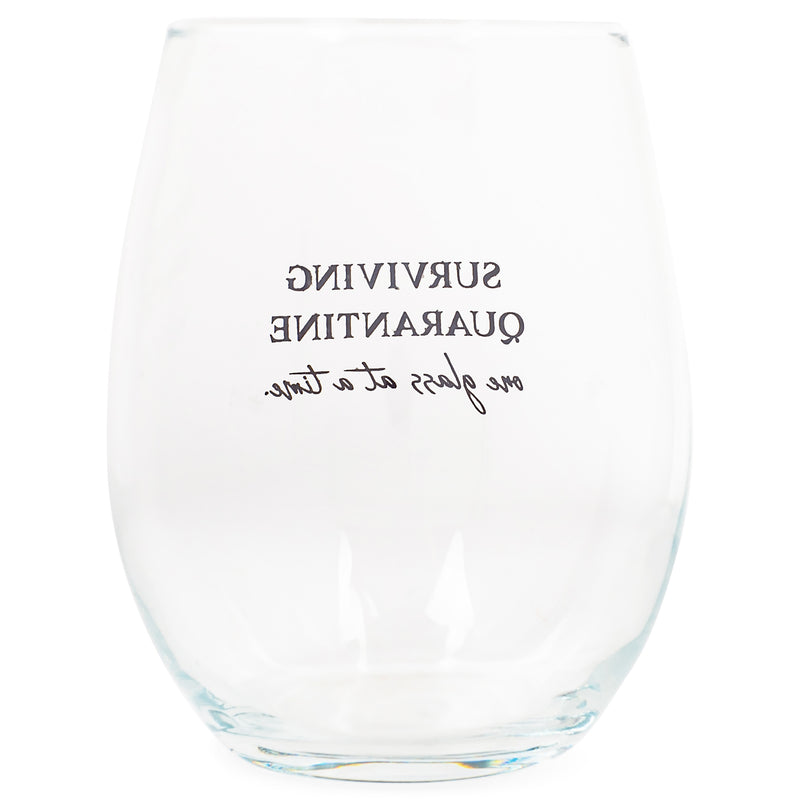 Surviving Quarantine One At A Time Black 14 ounce Glass Stemless Wine Glass