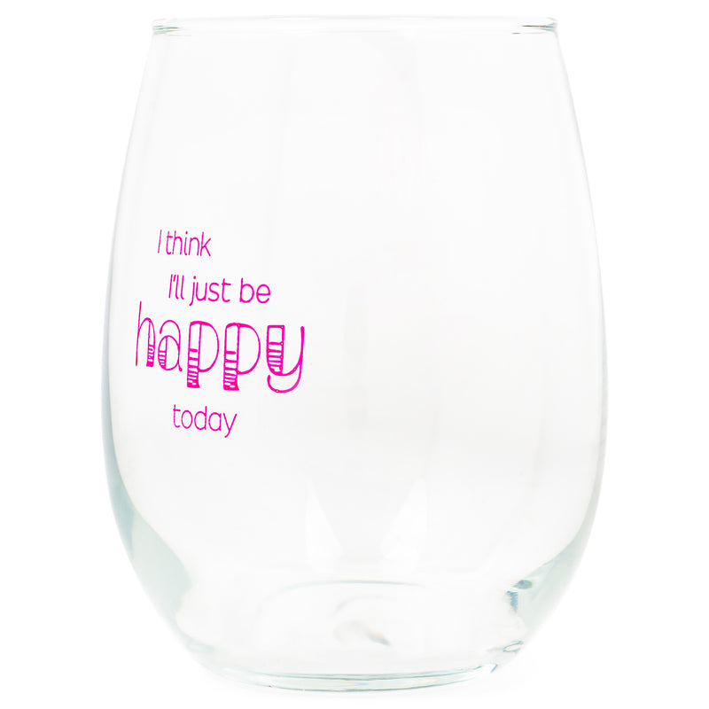 Think Ill Be Happy Today Pink 14 ounce Glass Stemless Wine Glass