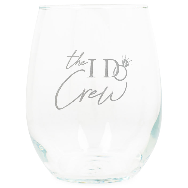Front view of "The I Do Crew" Bridal party Grey Ring Stemless Wine Glass