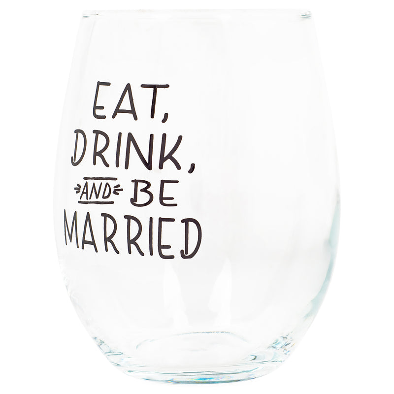 Eat Drink Be Married Black 14 ounce Glass Stemless Wine Glass