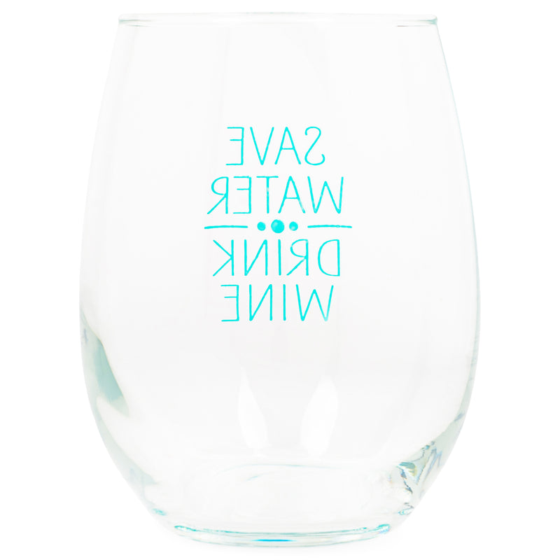 Save Water Drink Wine Teal 14 ounce Glass Stemless Wine Glass