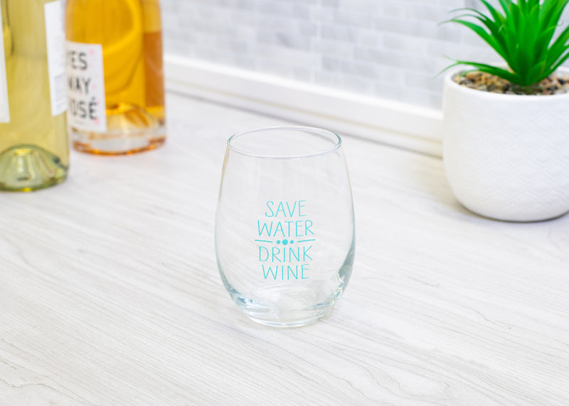 Save Water Drink Wine Teal 14 ounce Glass Stemless Wine Glass