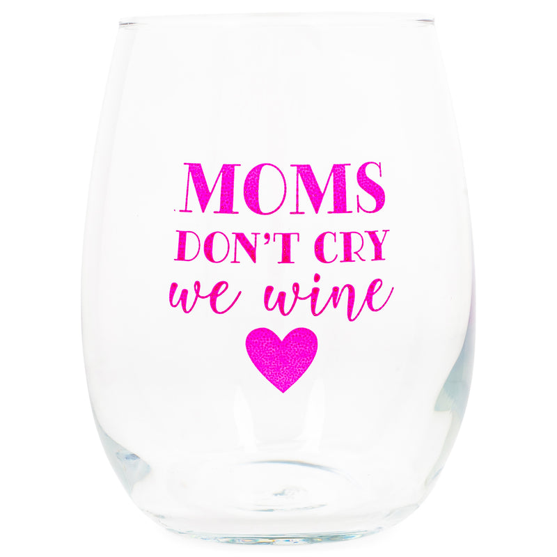 Front view of "Moms Don't Cry We Wine" Dotted Pink Stemless Wine Glass
