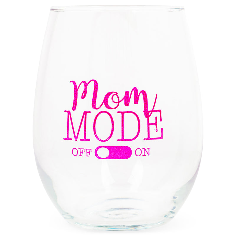Front view of "Mom Mode Off" Dotted Pink Stemless Wine Glass