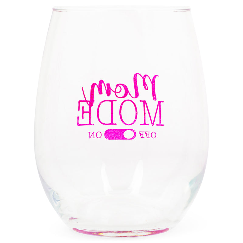Mom Mode Off Dotted Pink 14 ounce Glass Stemless Wine Glass