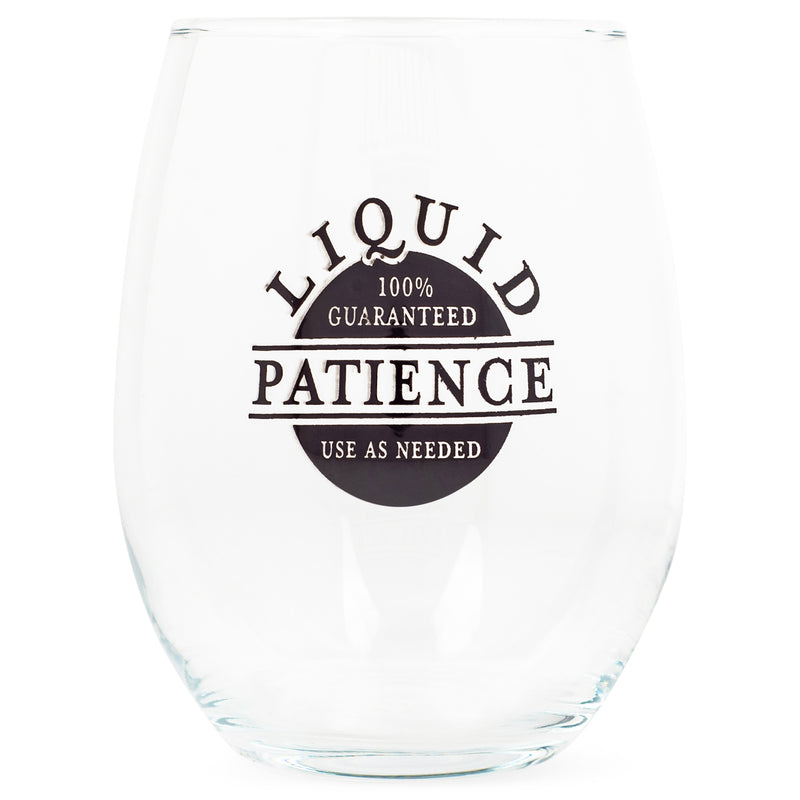 Front view of "Liquid Patience" Black Stemless Wine Glass