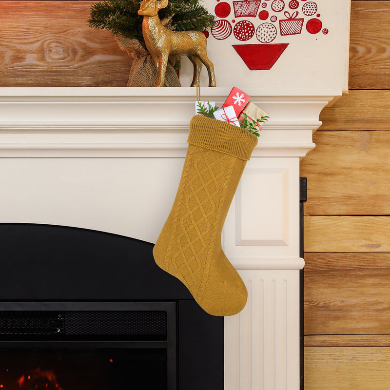 Cable Knit Sweater with Ribbed Cuff Christmas Stocking Decoration 18.5 inches long - Pack of 2 - Gold Tone