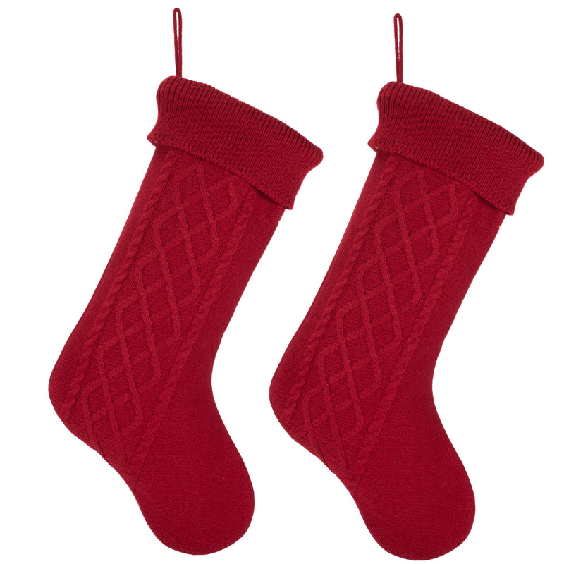 Cable Knit Sweater with Ribbed Cuff Christmas Stocking Decoration 18.5 inches long - Pack of 2 - Red 