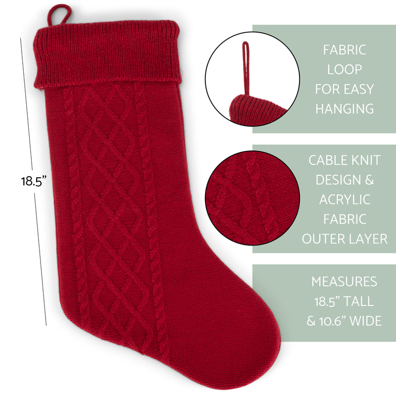 Cable Knit Sweater with Ribbed Cuff Christmas Stocking Decoration 18.5 inches long - Pack of 2 - Red