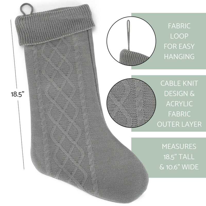 Cable Knit Sweater with Ribbed Cuff Christmas Stocking Decoration 18.5 inches long - Pack of 2 - Silver Tone