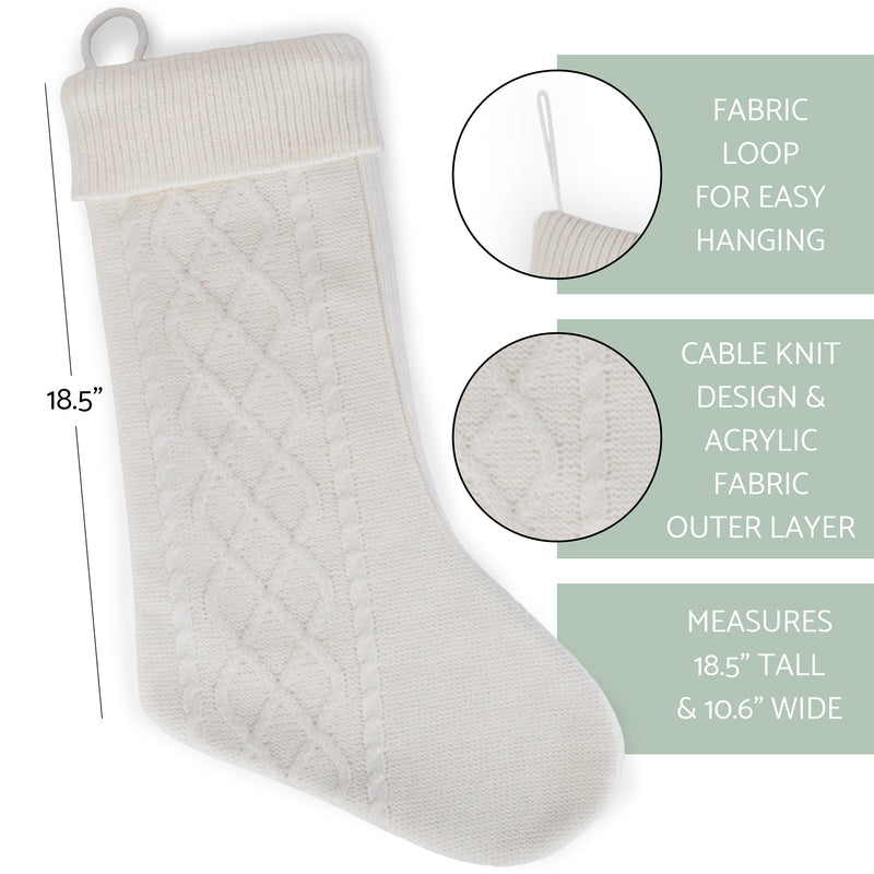 Cable Knit Sweater with Ribbed Cuff Christmas Stocking Decoration 18.5 inches long - Pack of 2 - White