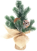 Front view of Small Candy Cane and Pinecone Burlap Base 14 inch Flocked Artificial Christmas Tree