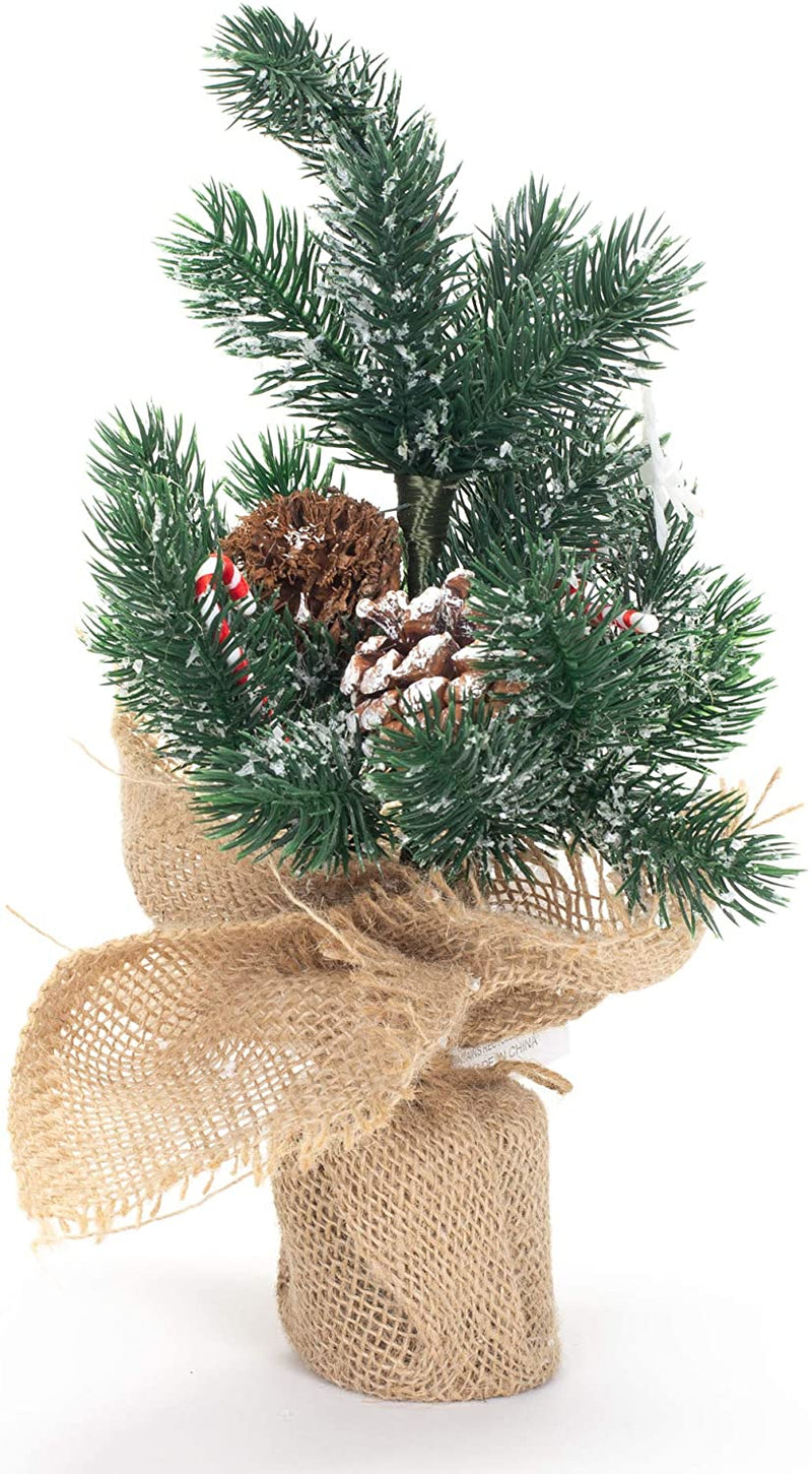 Small Candy Cane and Pinecone Burlap Base 14 inch Flocked Artificial Tree Decoration