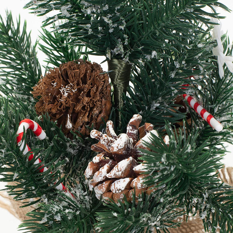 Small Candy Cane and Pinecone Burlap Base 14 inch Flocked Artificial Tree Decoration