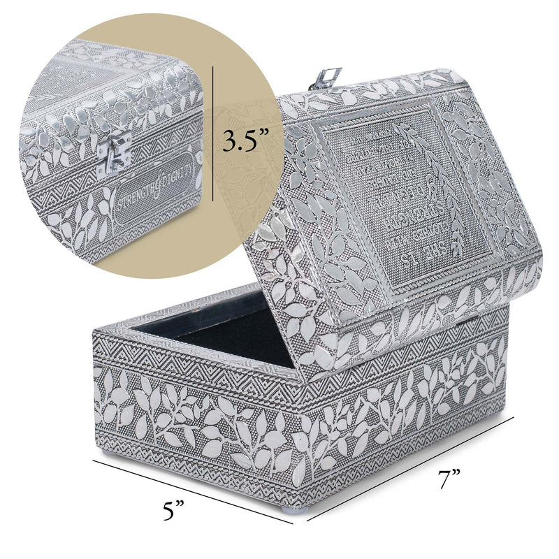 Cottage Garden Strength Silver Tone Metal Stamped Round Top Trunk Keepsake Box