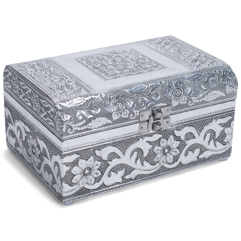 Cottage Garden Moroccan Silver Tone Metal Stamped Round Top Trunk Keepsake Box