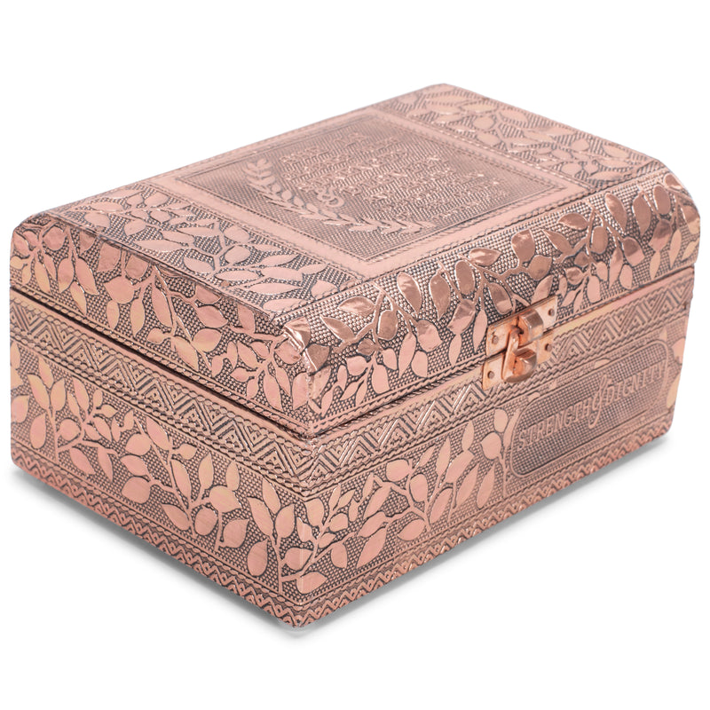 Cottage Garden Strength Copper Tone Metal Stamped Round Top Trunk Keepsake Box