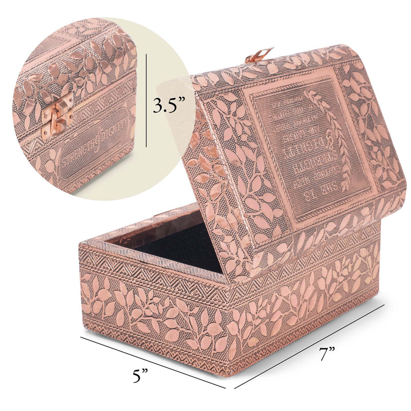 Cottage Garden Strength Copper Tone Metal Stamped Round Top Trunk Keepsake Box