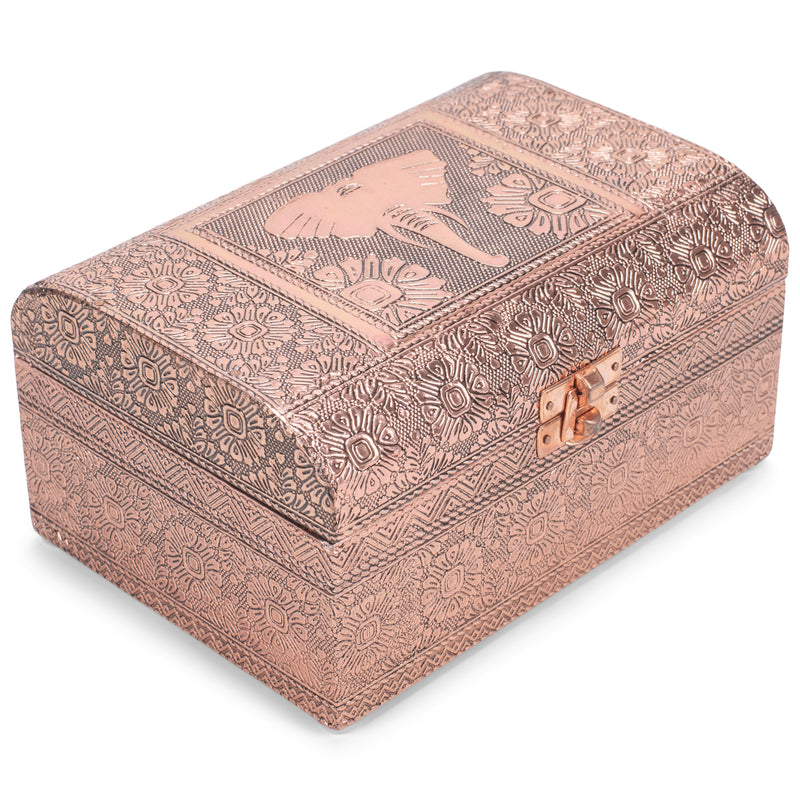 Cottage Garden Elephant Copper Tone Metal Stamped Round Top Trunk Keepsake Box