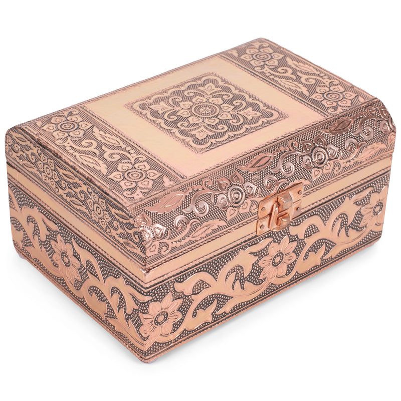 Cottage Garden Moroccan Copper Tone Metal Stamped Round Top Trunk Keepsake Box