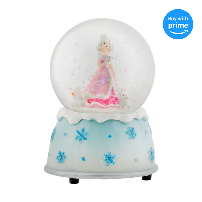 Front view of Winter Princess Snowflake Ice Blue Musical Snow Globe