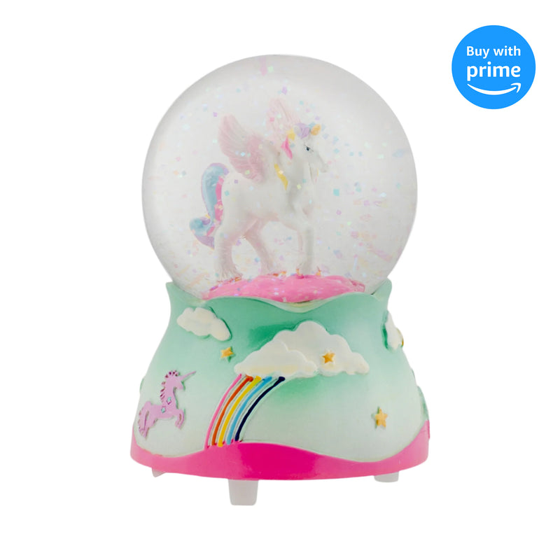 Front view of Flying Rainbow Unicorn Musical Snow Globe