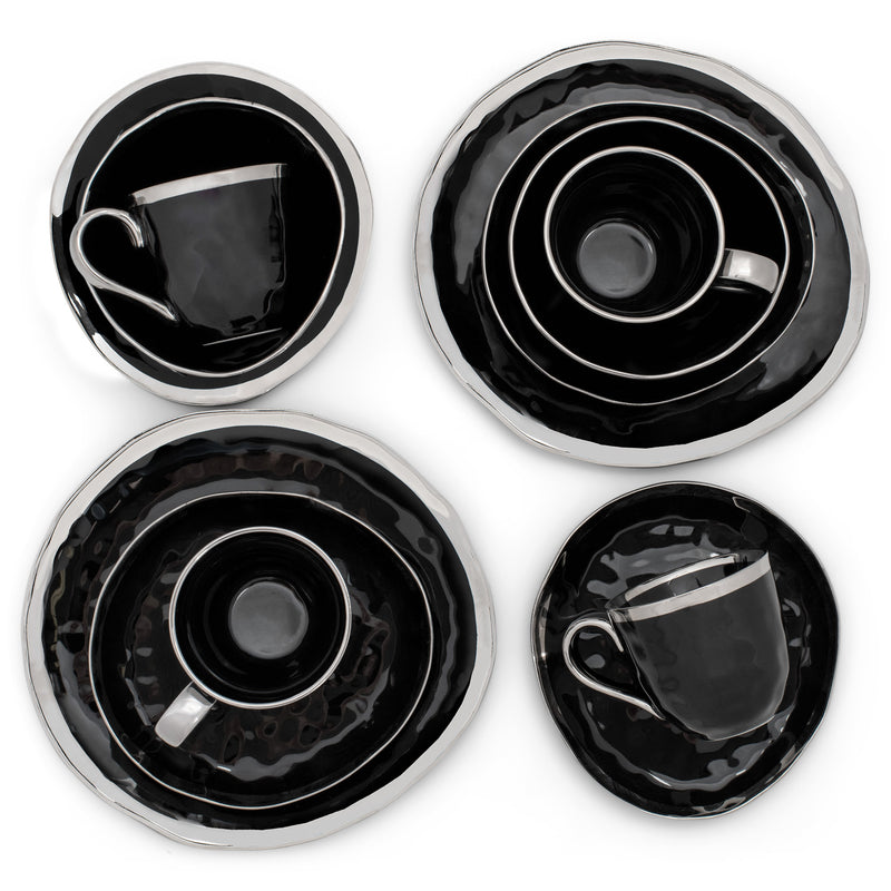 Elanze Designs Metallic Bubble Ceramic Dinnerware 16 Piece Set - Service for 4, Black Silver