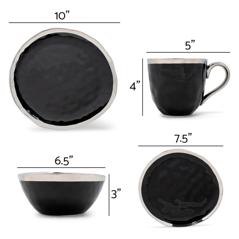 Elanze Designs Metallic Bubble Ceramic Dinnerware 16 Piece Set - Service for 4, Black Silver