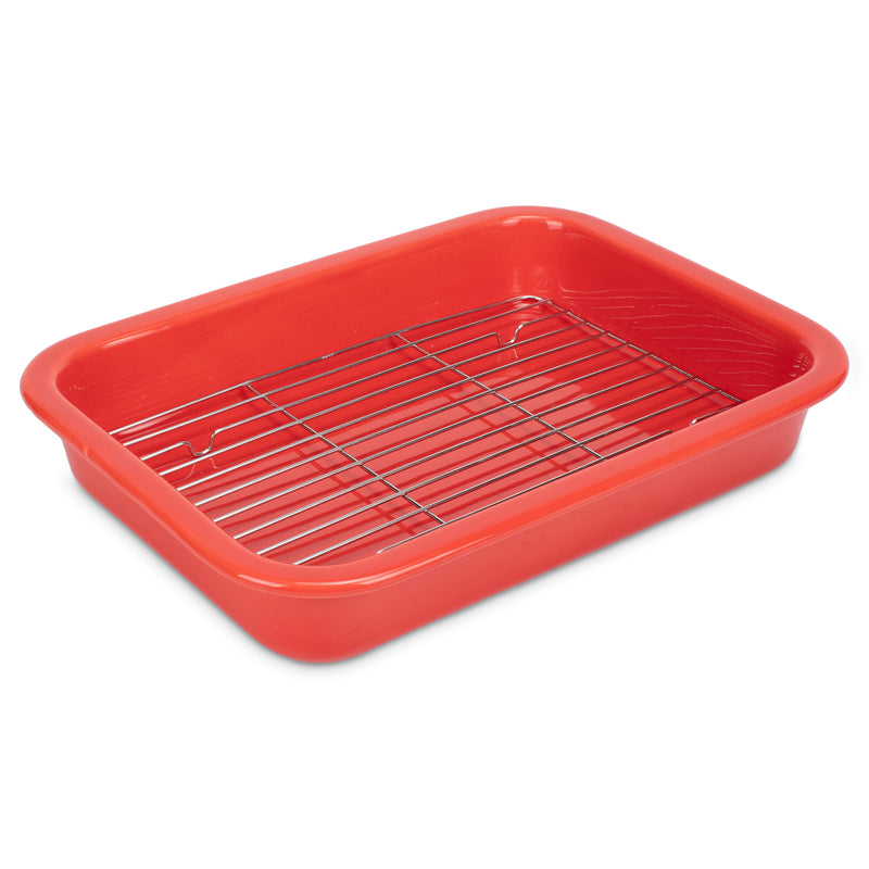 Elanze Designs Red 12.9 x 9.3 Porcelain Baking Dish With Stainless Steel Rack